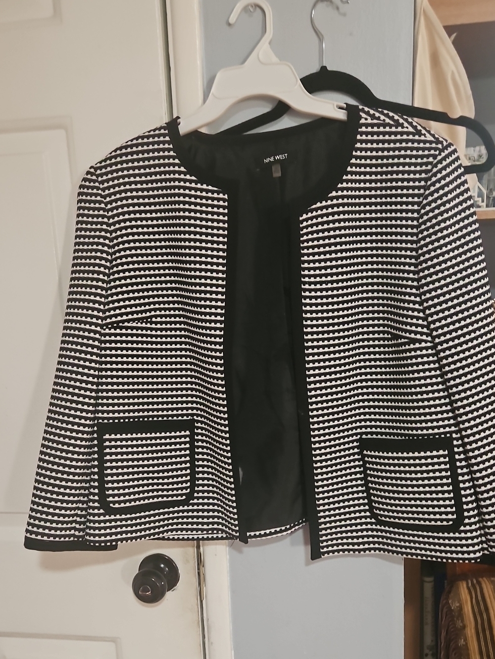 Nine West Black and White Open-Front Patterned Blazer
